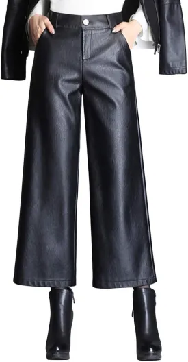 HaoMay Women's High Waist Wide Leg PU Faux Leather Cropped Pants Culottes