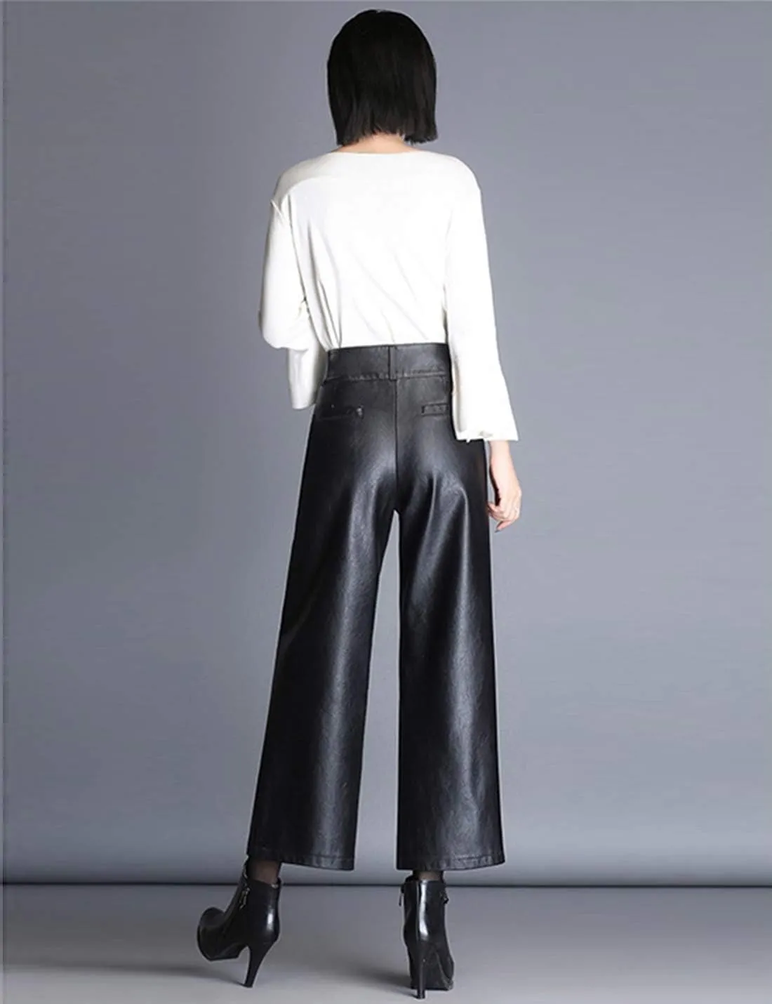 HaoMay Women's High Waist Wide Leg PU Faux Leather Cropped Pants Culottes