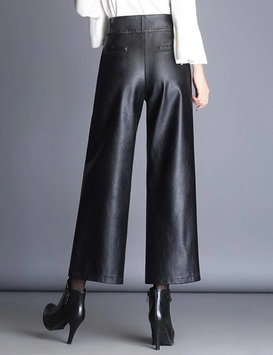 HaoMay Women's High Waist Wide Leg PU Faux Leather Cropped Pants Culottes