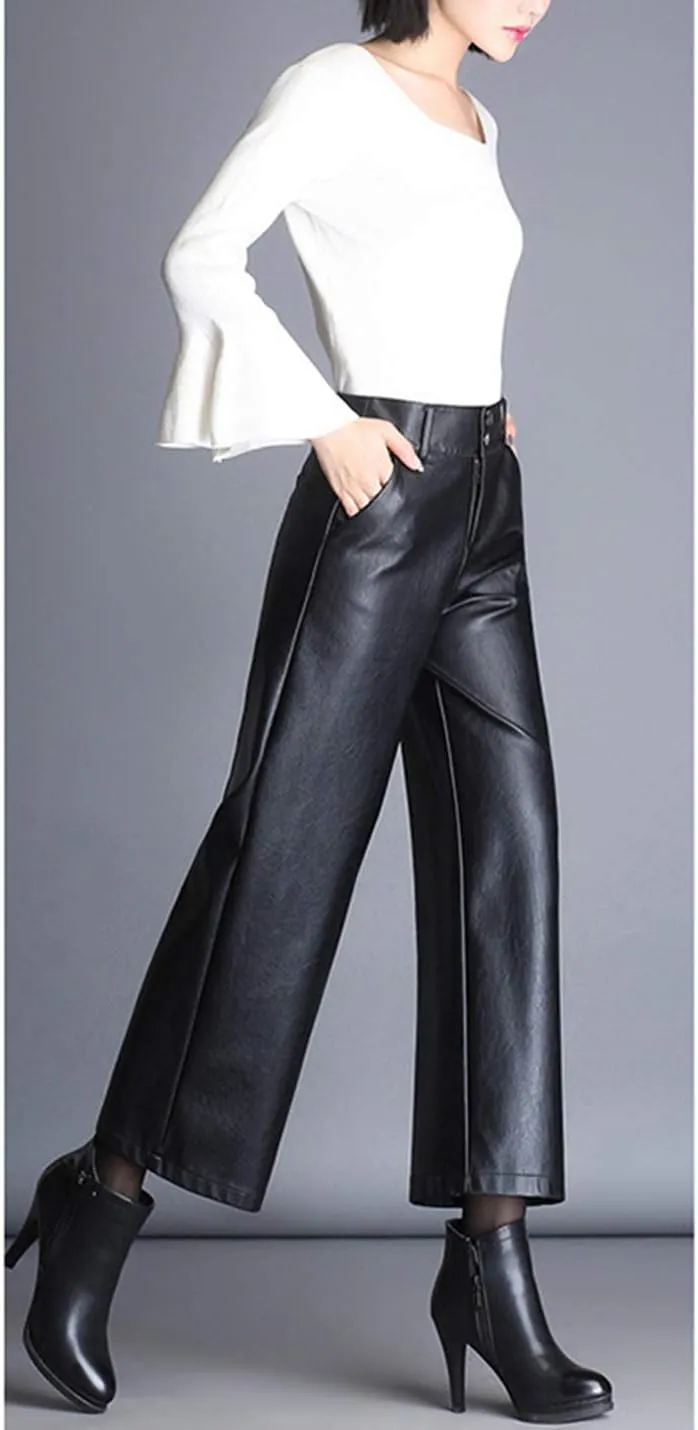 HaoMay Women's High Waist Wide Leg PU Faux Leather Cropped Pants Culottes