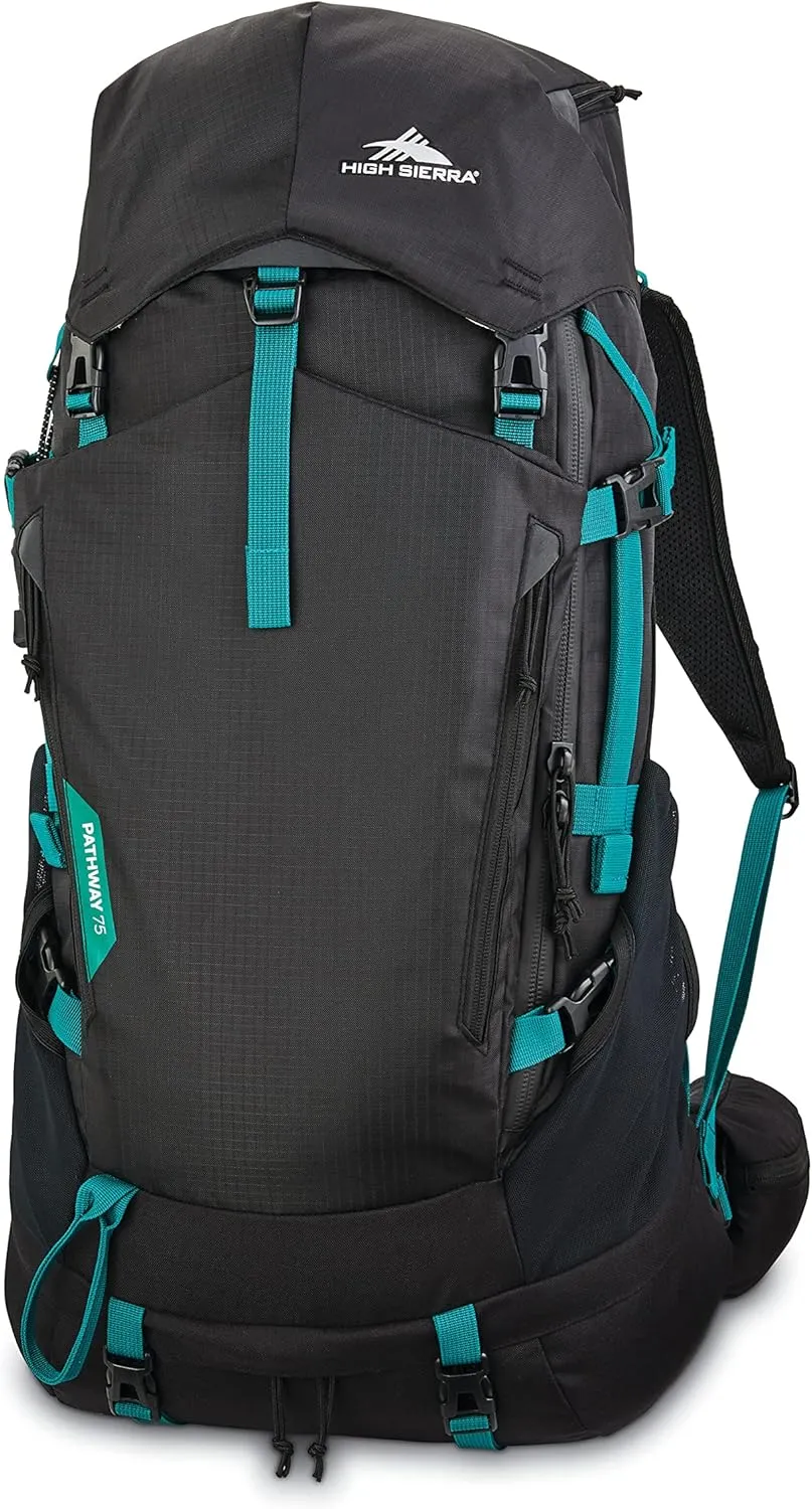 High Sierra Pathway 2.0 Backpack with Hydration Storage Sleeve, for Hiking, Biking, Camping, Traveling, Black, 75L
