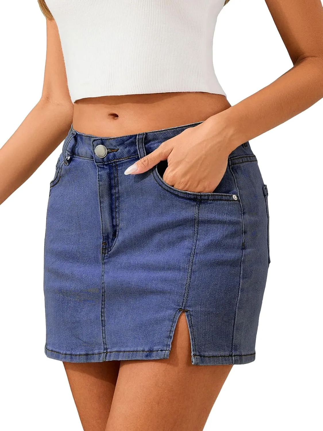 Jean Skirts for Women Stretchy Mini Skirt Side Slit with High Waisted Summer Casual Denim Skirt 2025 Trendy
