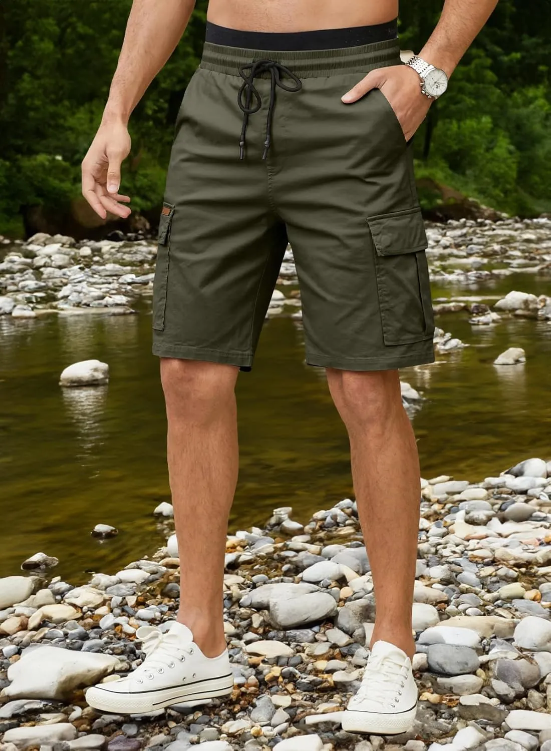 JMIERR Mens Casual Twill Cargo Shorts Cotton Drawstring Classic Cargo Stretch Short with 6 Pockets
