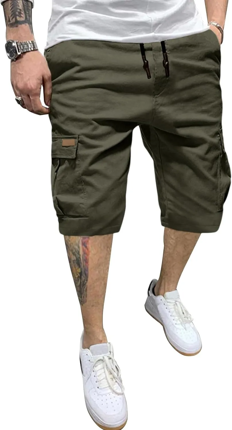 JMIERR Mens Casual Twill Cargo Shorts Cotton Drawstring Classic Cargo Stretch Short with 6 Pockets