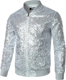 JOGAL Mens Sequins Nightclub Styles Zip up Varsity Baseball Bomber Jacket