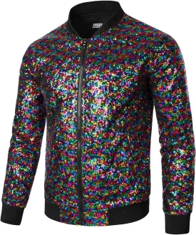 JOGAL Mens Sequins Nightclub Styles Zip up Varsity Baseball Bomber Jacket