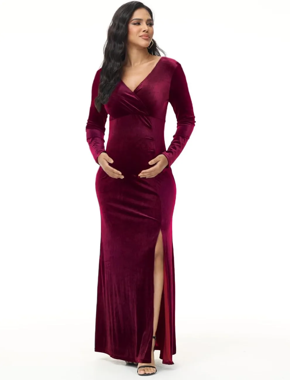 JustVH Velvet Maternity Off Shoulder Half Circle Fitted Gown Maxi Photography Dress for Baby Shower Photo Props Dress