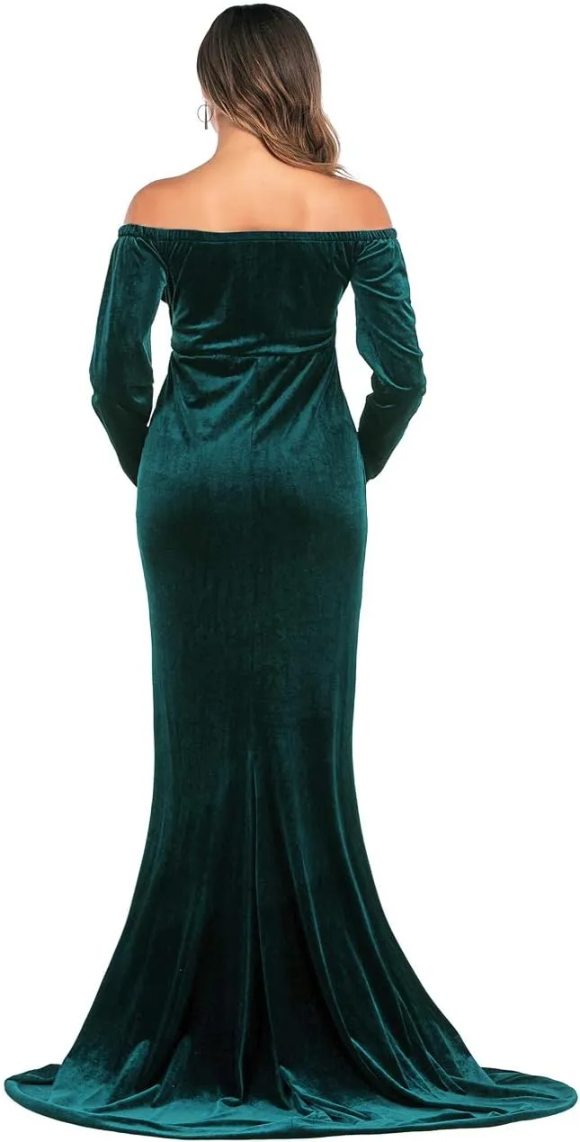 JustVH Velvet Maternity Off Shoulder Half Circle Fitted Gown Maxi Photography Dress for Baby Shower Photo Props Dress