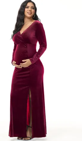 JustVH Velvet Maternity Off Shoulder Half Circle Fitted Gown Maxi Photography Dress for Baby Shower Photo Props Dress