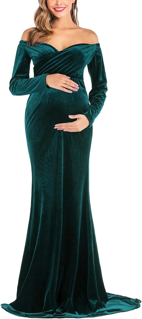 JustVH Velvet Maternity Off Shoulder Half Circle Fitted Gown Maxi Photography Dress for Baby Shower Photo Props Dress