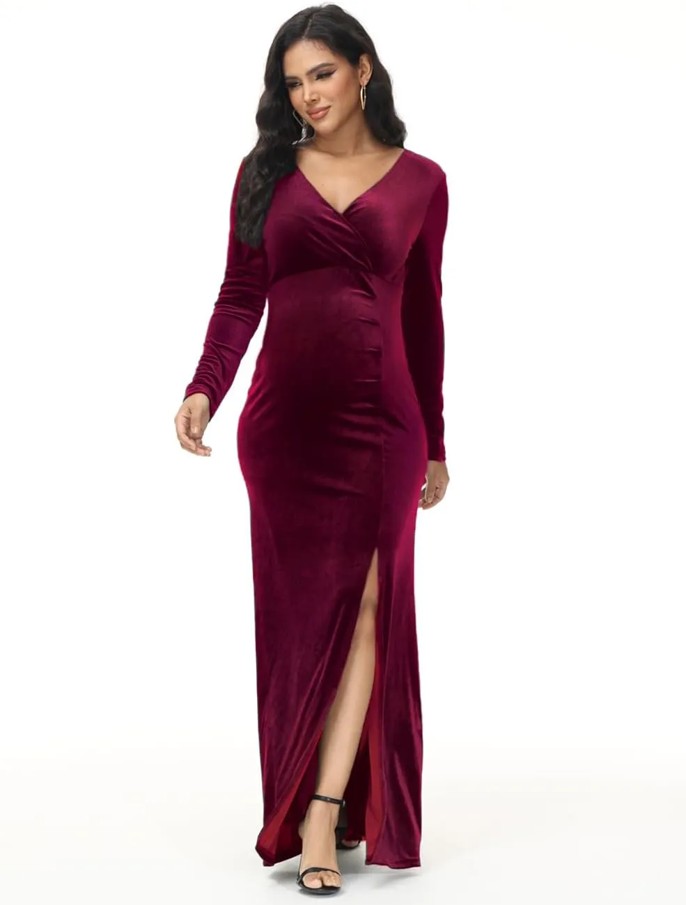 JustVH Velvet Maternity Off Shoulder Half Circle Fitted Gown Maxi Photography Dress for Baby Shower Photo Props Dress
