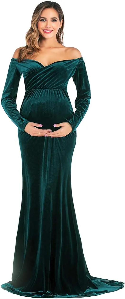 JustVH Velvet Maternity Off Shoulder Half Circle Fitted Gown Maxi Photography Dress for Baby Shower Photo Props Dress