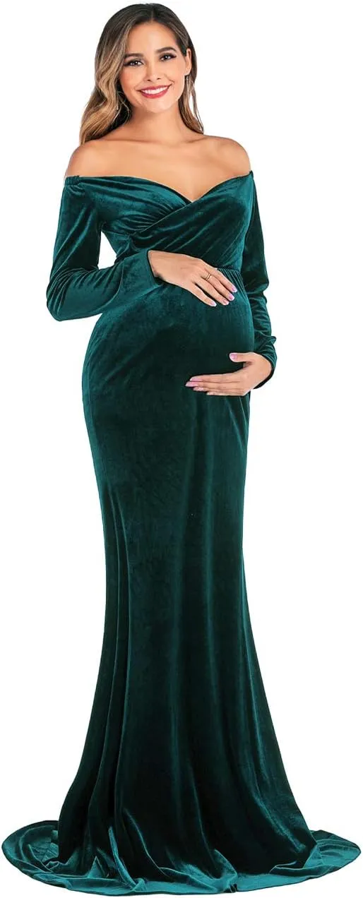 JustVH Velvet Maternity Off Shoulder Half Circle Fitted Gown Maxi Photography Dress for Baby Shower Photo Props Dress