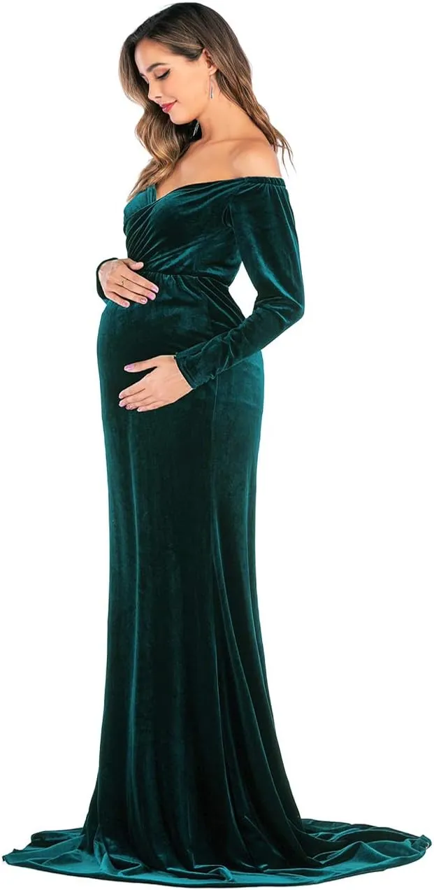 JustVH Velvet Maternity Off Shoulder Half Circle Fitted Gown Maxi Photography Dress for Baby Shower Photo Props Dress