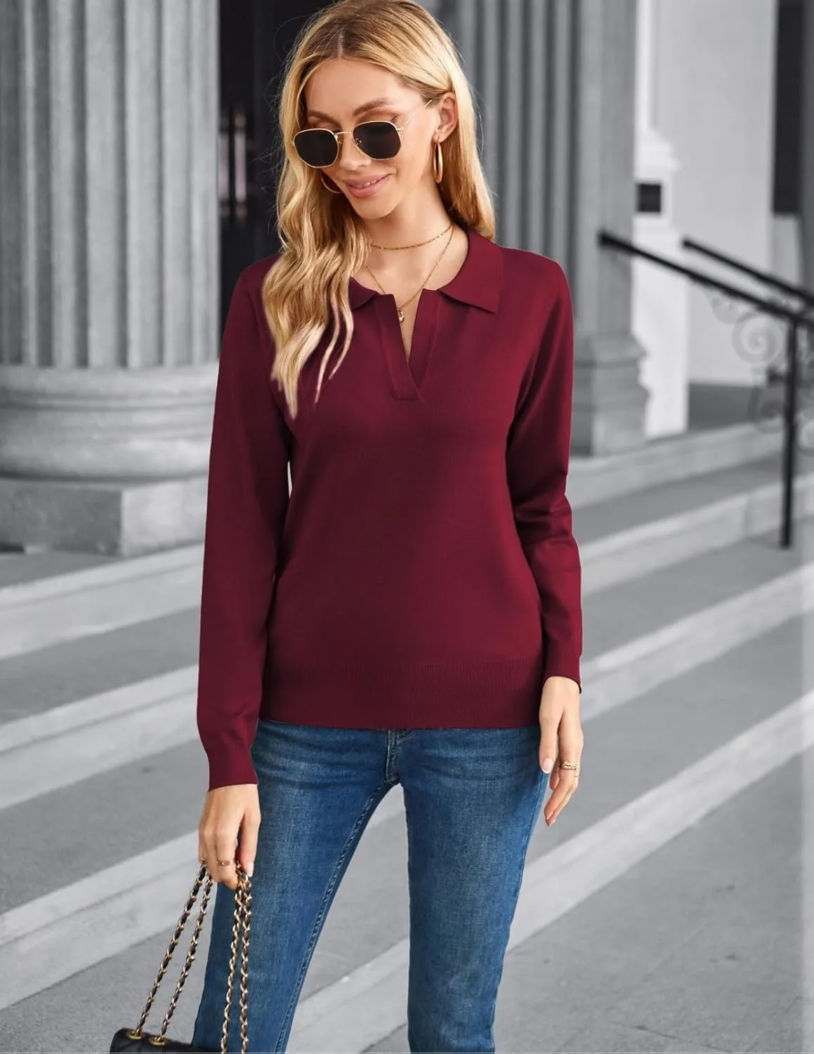 Kate Kasin Women Long Sleeve Polo Sweater V Neck Knitted Tops Casual Ribbed Shirt Loose Pullover Sweater
