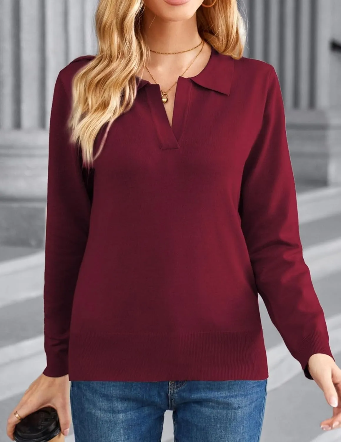 Kate Kasin Women Long Sleeve Polo Sweater V Neck Knitted Tops Casual Ribbed Shirt Loose Pullover Sweater