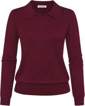 Kate Kasin Women Long Sleeve Polo Sweater V Neck Knitted Tops Casual Ribbed Shirt Loose Pullover Sweater