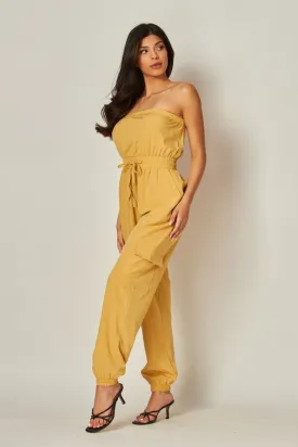 Khaki Long Cargo Drawstring Jogger Jumpsuit