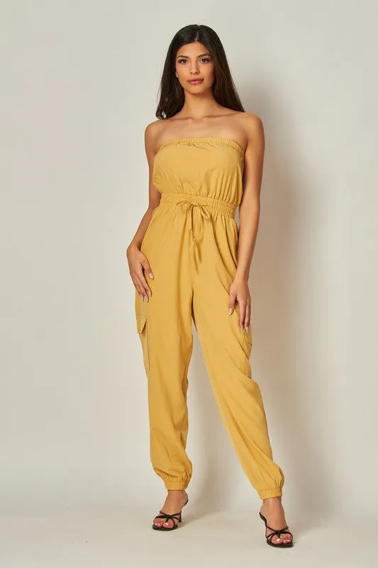 Khaki Long Cargo Drawstring Jogger Jumpsuit
