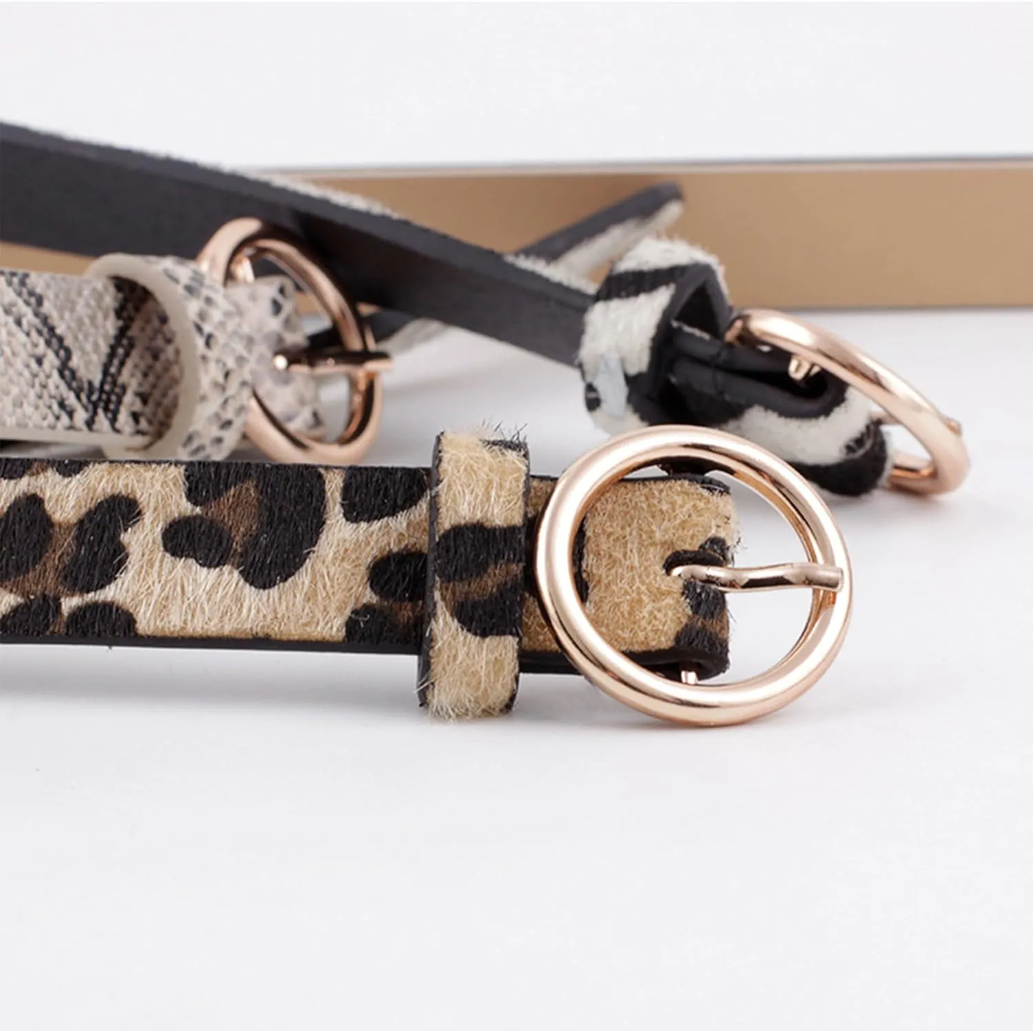 Kiench Women's Leather Belts with Ring Buckle Animal Print Jeans Dress Pants Skinny Belts