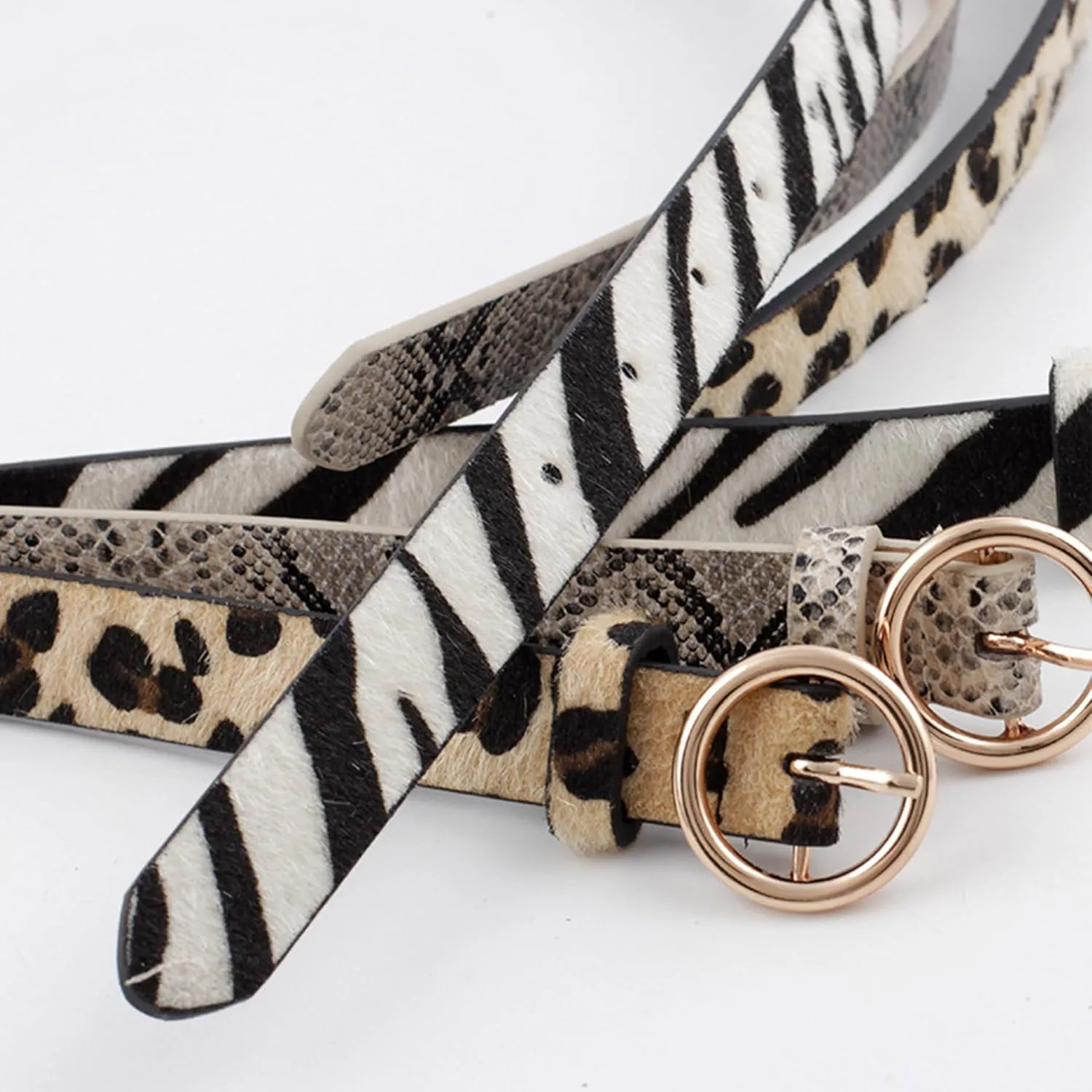 Kiench Women's Leather Belts with Ring Buckle Animal Print Jeans Dress Pants Skinny Belts