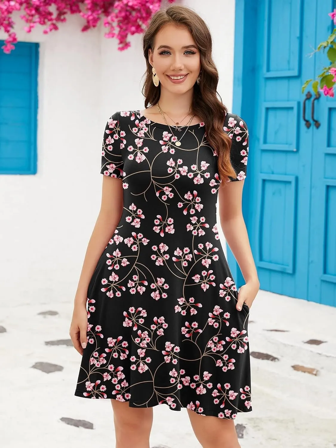 KORSIS Summer Dresses for Women Casual T-Shirt Short Sleeve Dresses Swing Flowy Beach Vacation Sundress with Pockets (S-3XL)