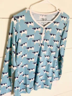 Kozi & Co Women's Long Sleeve Henley - Blue Cows
