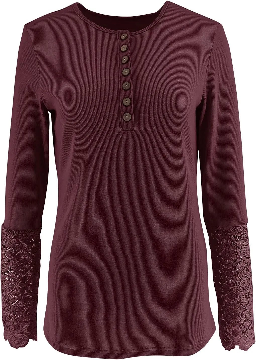 Limerose Women's Long Sleeve Lace Trim Tunic Tops Button Down Casual Blouse Cute Crew Neck Ribbed Shirt