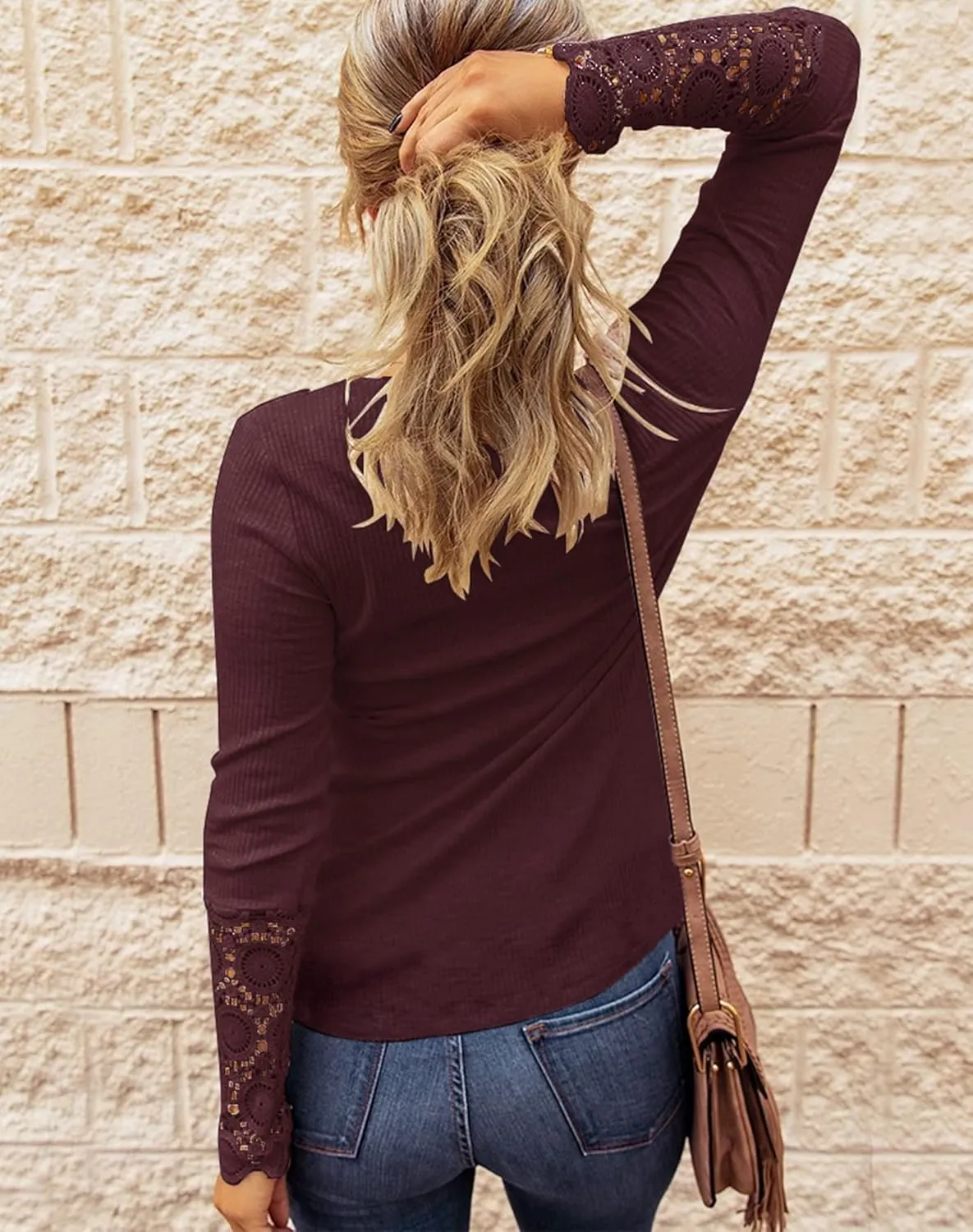 Limerose Women's Long Sleeve Lace Trim Tunic Tops Button Down Casual Blouse Cute Crew Neck Ribbed Shirt