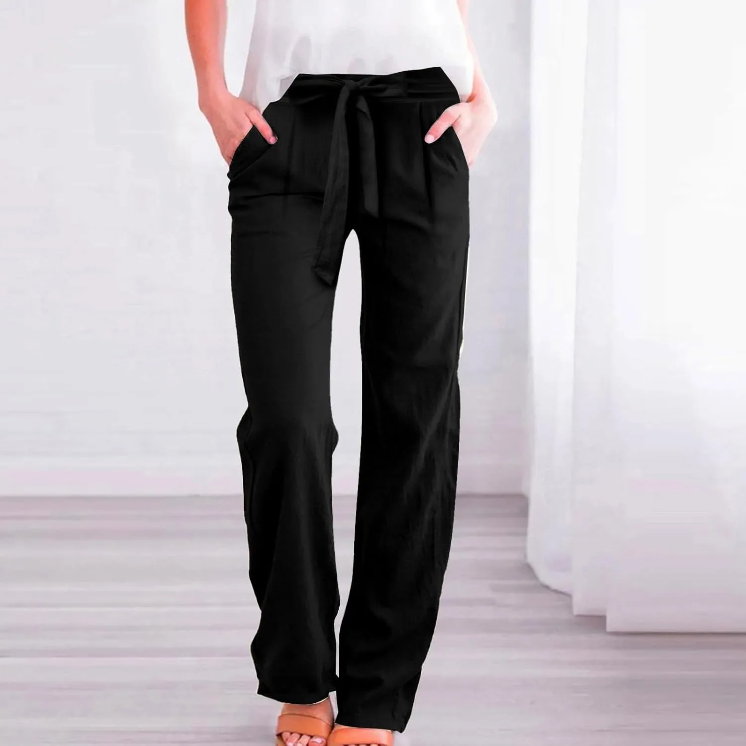 Linen Pants Women Plus Size Business Dress Pants Summer Tie Knot Wide Leg Pant High Waisted Palazzo Pant