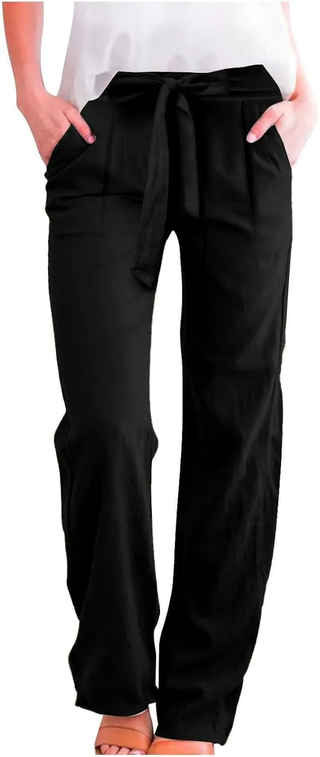 Linen Pants Women Plus Size Business Dress Pants Summer Tie Knot Wide Leg Pant High Waisted Palazzo Pant