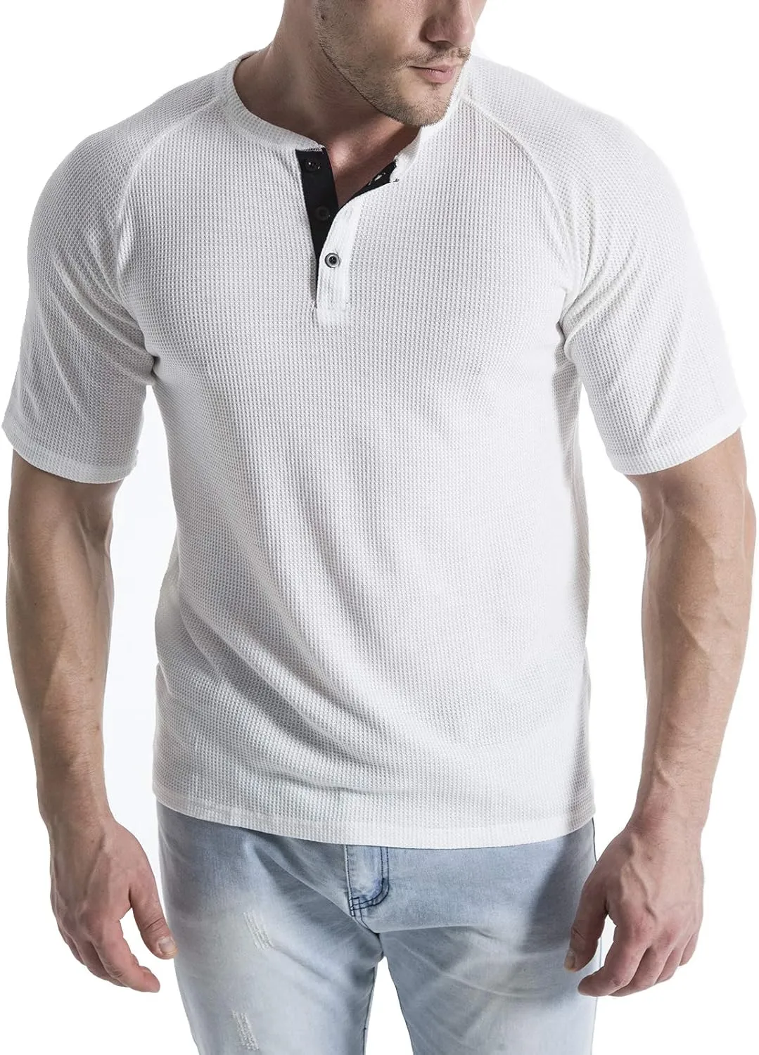 LOCALMODE Men's Casual Crew Neck Long Sleeve T Shirts of Waffle Henley
