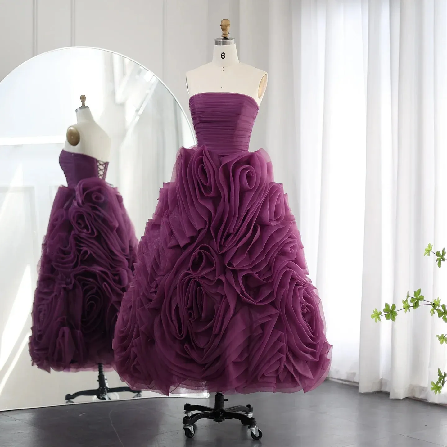 Luxury 3D Rose Flower Purple Strapless Evening Dress SS343