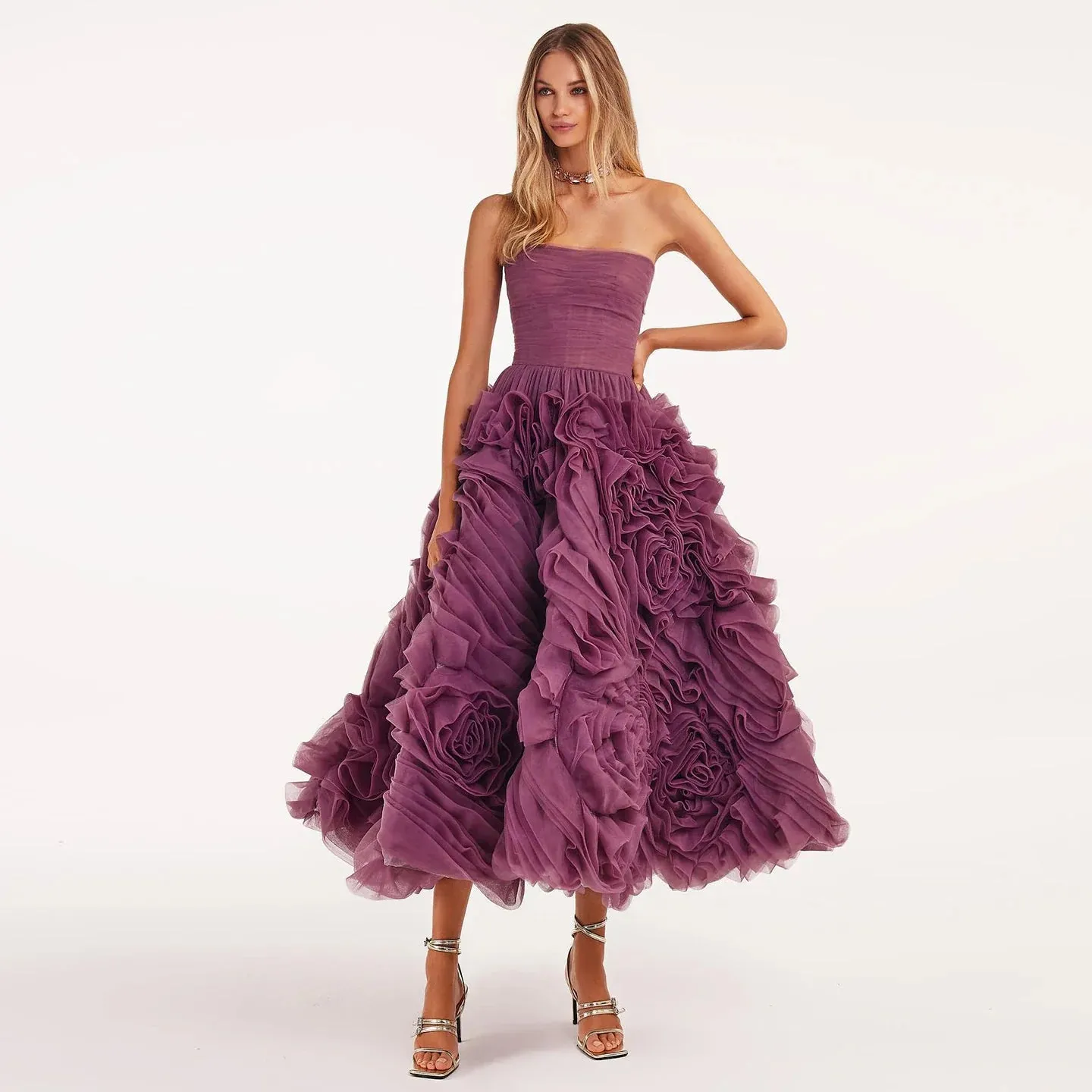 Luxury 3D Rose Flower Purple Strapless Evening Dress SS343