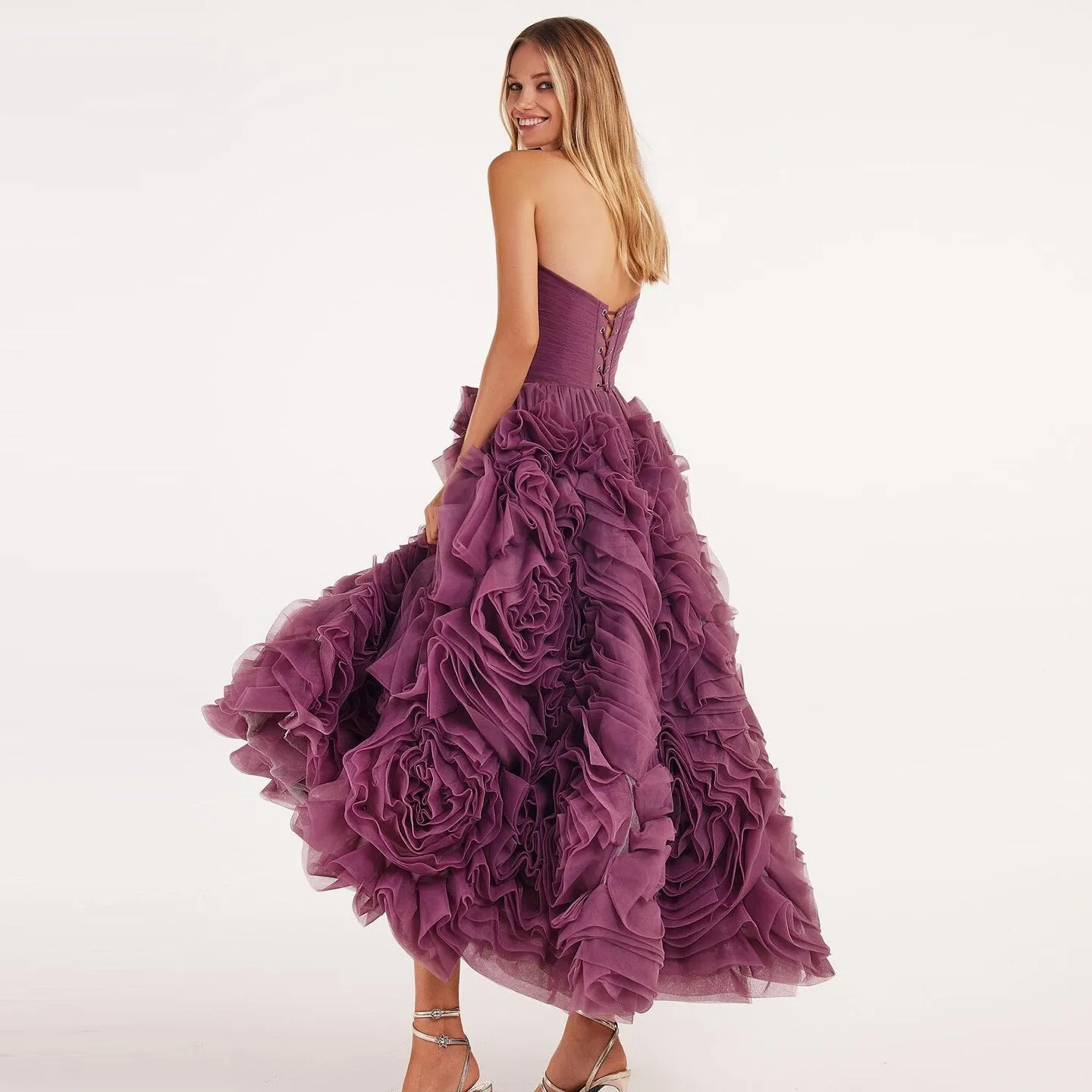 Luxury 3D Rose Flower Purple Strapless Evening Dress SS343