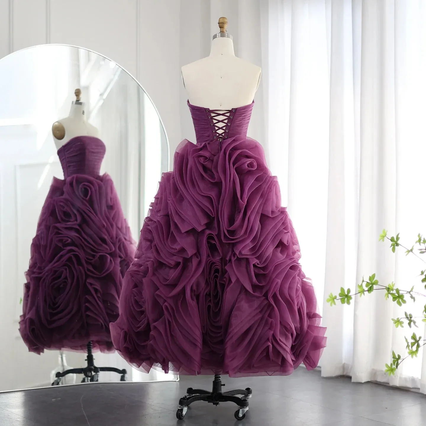 Luxury 3D Rose Flower Purple Strapless Evening Dress SS343