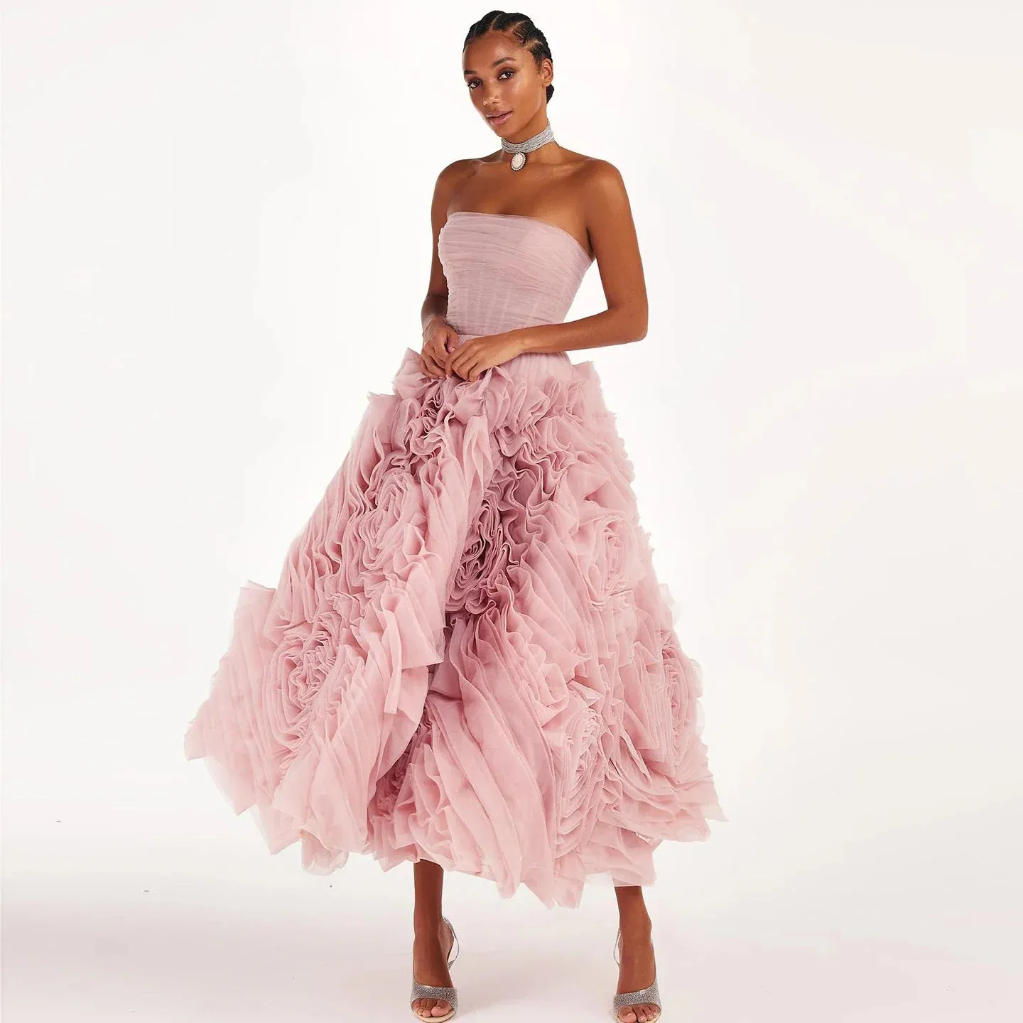Luxury 3D Rose Flower Purple Strapless Evening Dress SS343