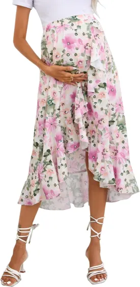Maternity Midi Skirt Summer Casual Pleated Elastic High Waist Boho Ruffle Flowy Wrap Split Long Skirt