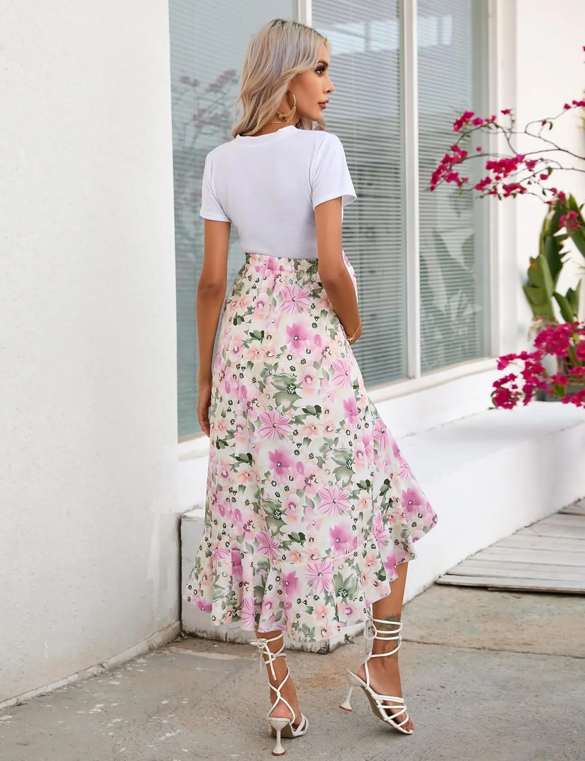 Maternity Midi Skirt Summer Casual Pleated Elastic High Waist Boho Ruffle Flowy Wrap Split Long Skirt