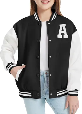 Mebius Girls Varsity Jacket Kids Leather Letterman Baseball Outerwear Stripe Trim Contrast Sleeve School Coats
