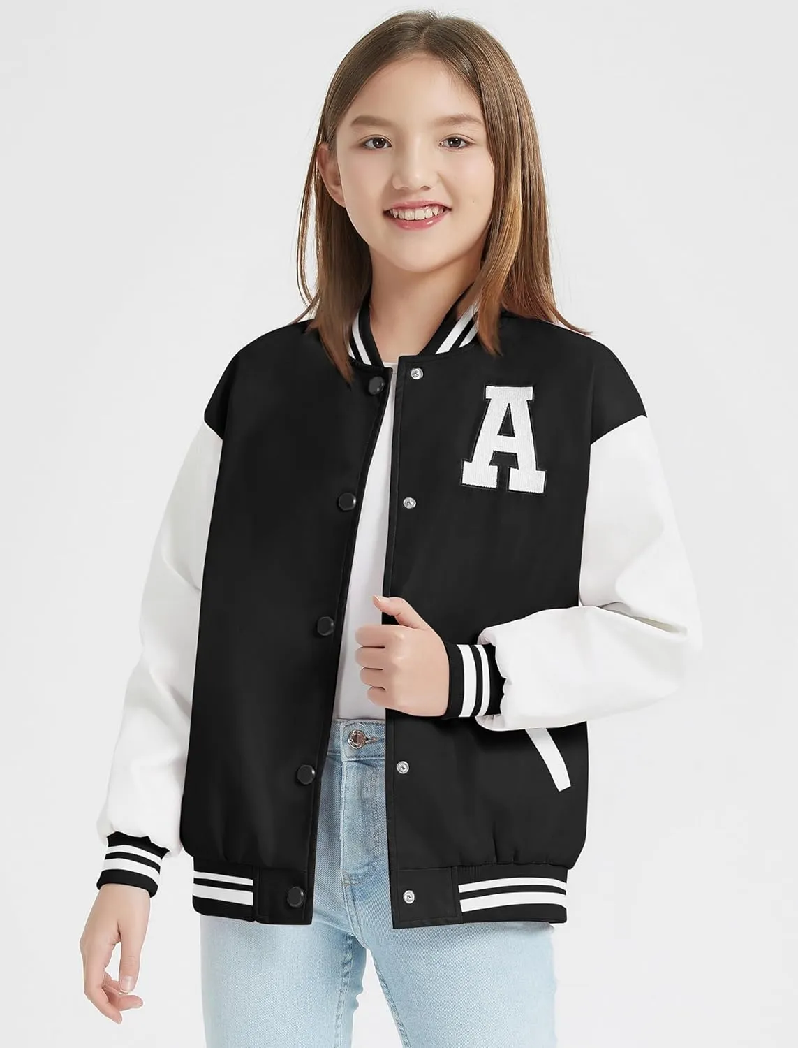 Mebius Girls Varsity Jacket Kids Leather Letterman Baseball Outerwear Stripe Trim Contrast Sleeve School Coats