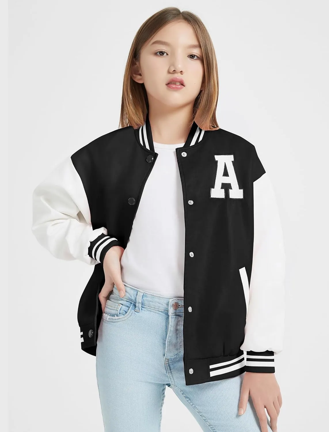 Mebius Girls Varsity Jacket Kids Leather Letterman Baseball Outerwear Stripe Trim Contrast Sleeve School Coats