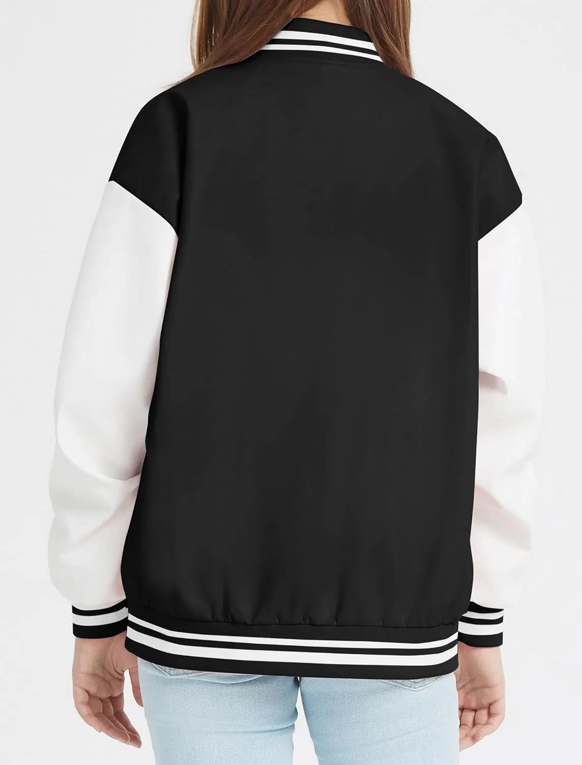 Mebius Girls Varsity Jacket Kids Leather Letterman Baseball Outerwear Stripe Trim Contrast Sleeve School Coats