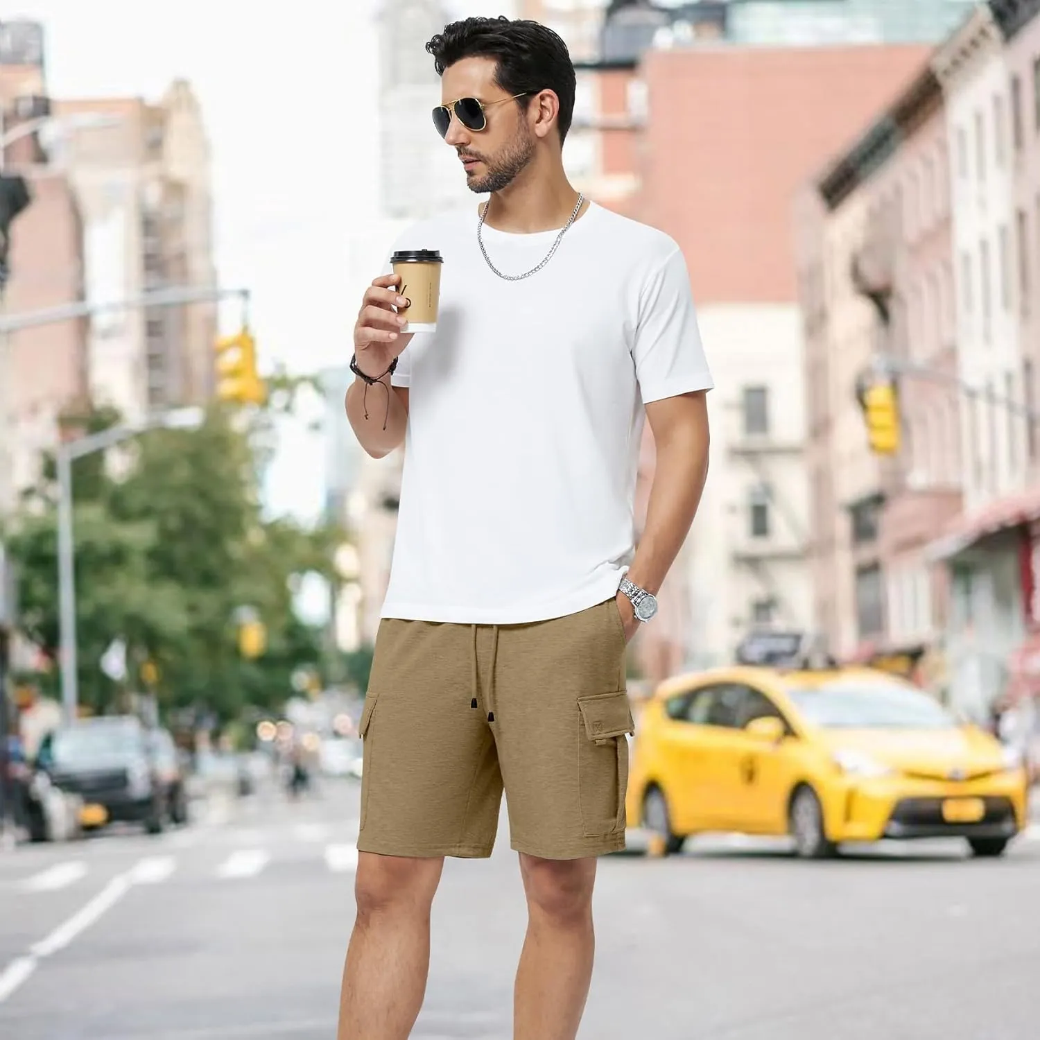 Mens Casual Sweat Cargo Cotton Shorts Drawstring Elastic Waist Athletic Workout Gym Jogger Shorts with 5 Pockets