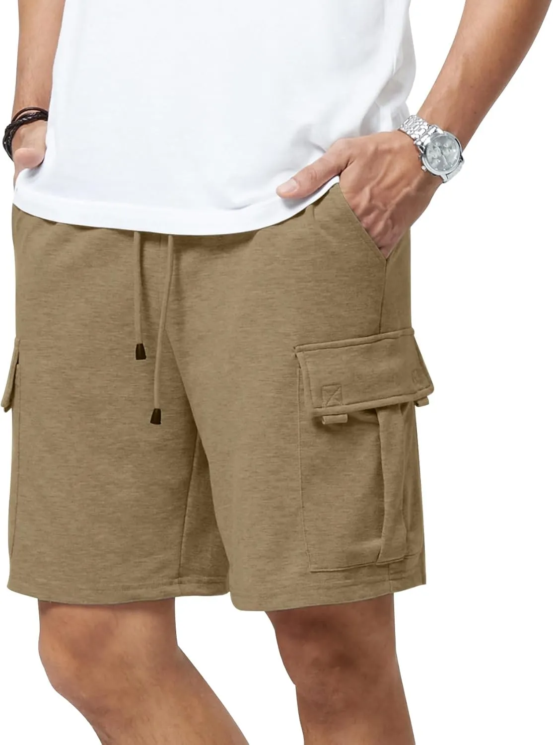 Mens Casual Sweat Cargo Cotton Shorts Drawstring Elastic Waist Athletic Workout Gym Jogger Shorts with 5 Pockets