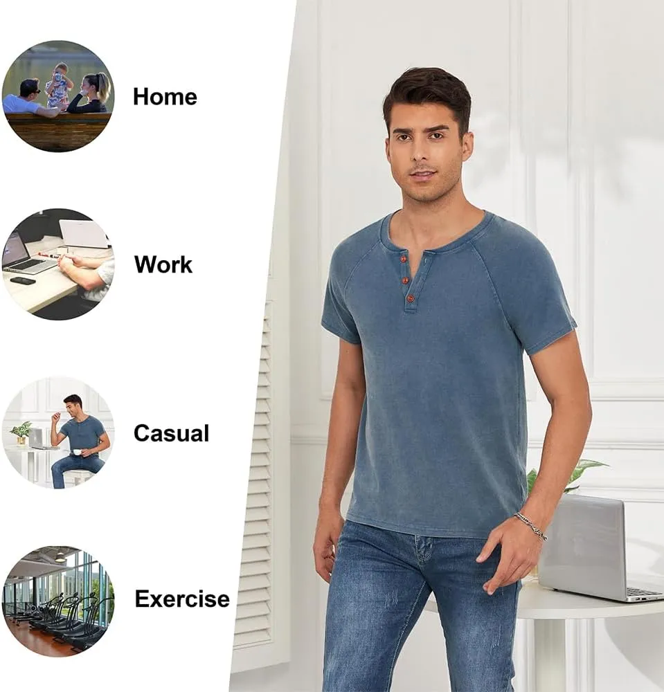 Men's Summer Polo Shirts Short Sleeve Cotton Casual Henley T-Shirts Button Raglan Sleeve Tees