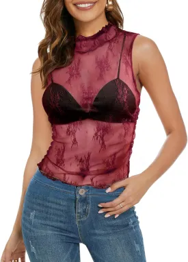 MEROKEETY Women's 2025 Sleeveless Sheer Mesh Lace Crop Tank Top See Through Summer Sexy Y2K Mock Neck Blouses Shirts