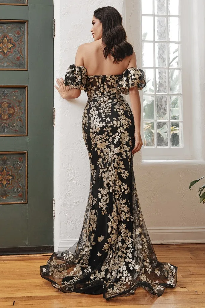 Million Reasons | Strapless Glitter Floral Print Gown w/ Detachable Puff Sleeves | LaDivine J844