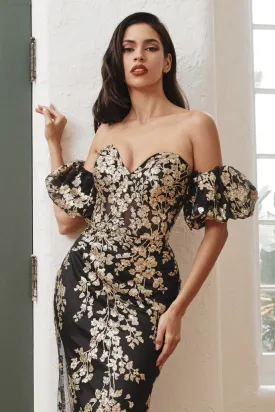 Million Reasons | Strapless Glitter Floral Print Gown w/ Detachable Puff Sleeves | LaDivine J844