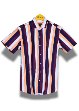 Navy Blue Stripe Printed Shirts Short sleeve (f33)